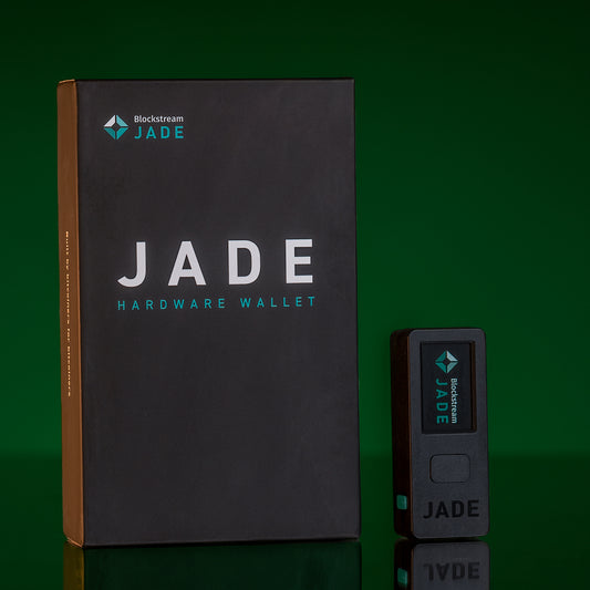 Blockstream Jade hardware wallet with box front angle